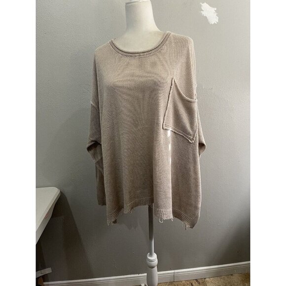 Easel Oversized Knitted Sweater Front Pocket Distressed Hems Size Medium Tan - Picture 3 of 11